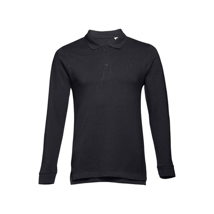 THC BERN II promotional polo shirt in eclipse blue (detail view) with custom logo branding