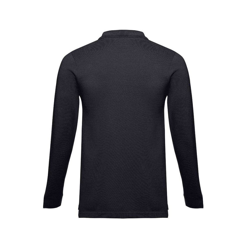 THC BERN 3XL II promotional polo shirt in black (detail view) with custom logo branding