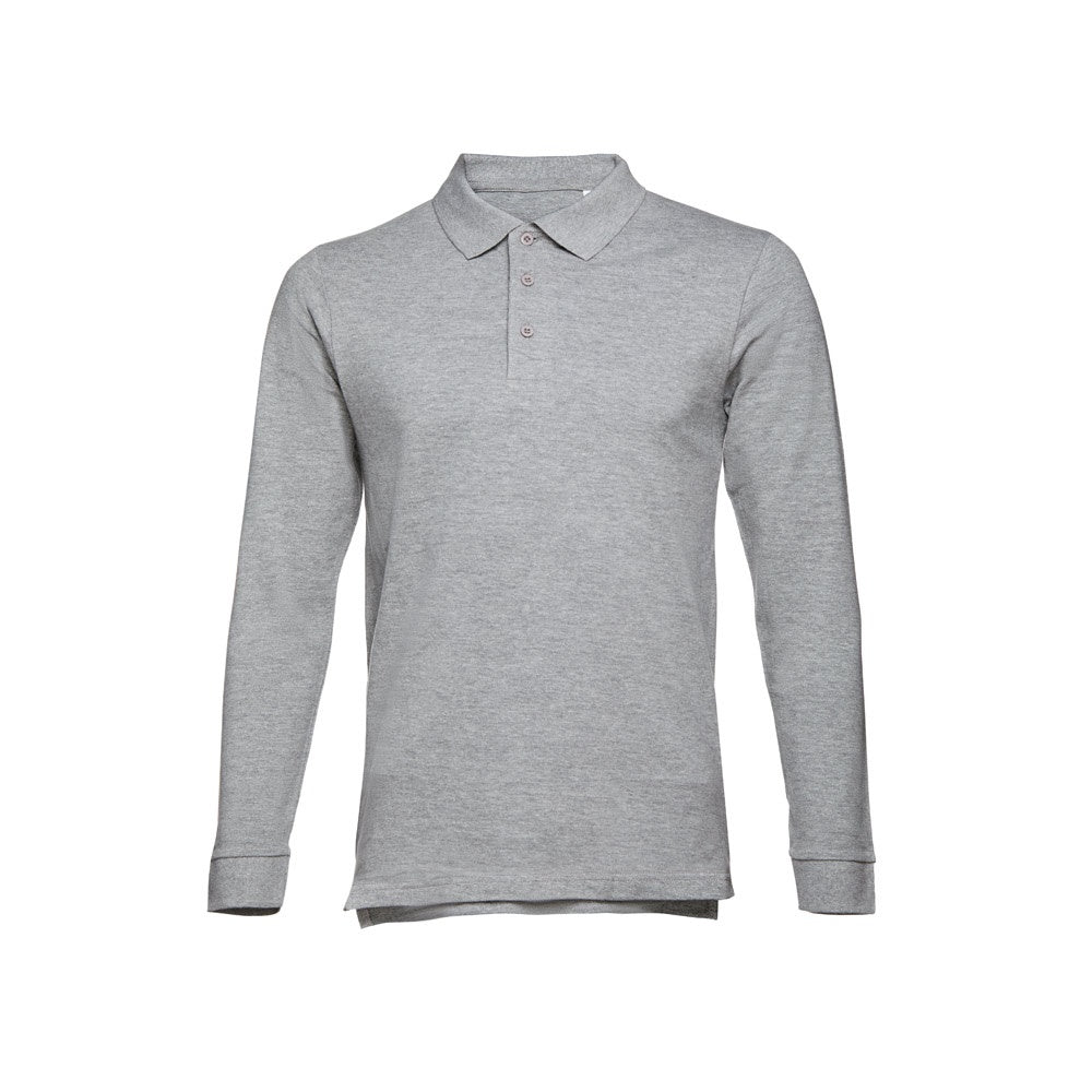 THC BERN 3XL II promotional polo shirt in heather light grey (detail view) with custom logo branding