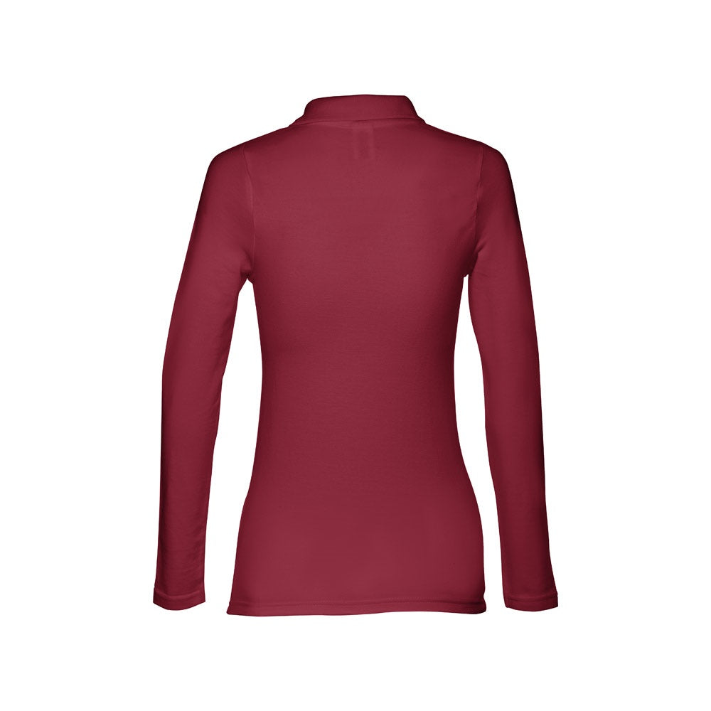 THC BERN WOMEN II promotional polo shirt in burgundy (detail view) with custom logo branding