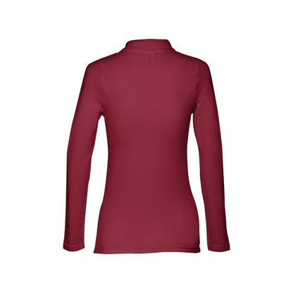 THC BERN WOMEN II promotional polo shirt in burgundy (detail view) with custom logo branding