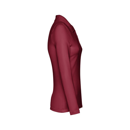 THC BERN WOMEN II promotional polo shirt in burgundy (detail view) with custom logo branding