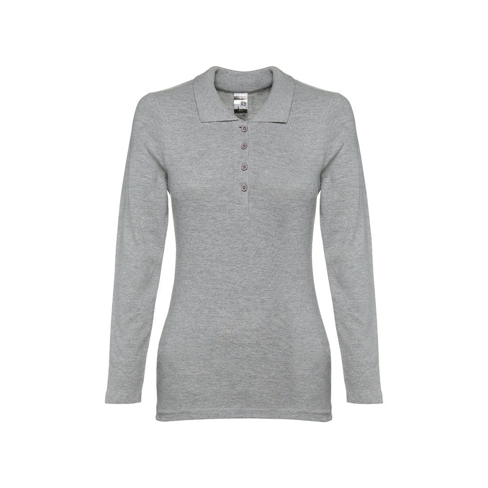 THC BERN WOMEN II promotional polo shirt in heather light grey (detail view) with custom logo branding