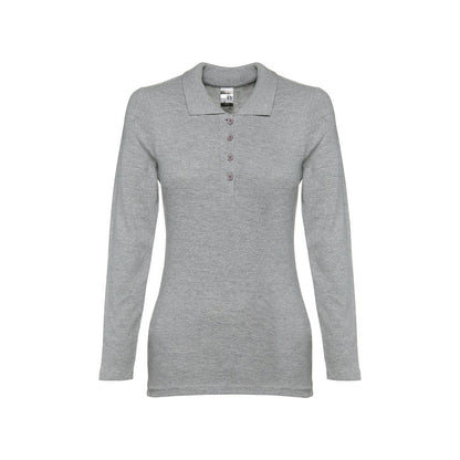 THC BERN WOMEN II promotional polo shirt in heather light grey (detail view) with custom logo branding