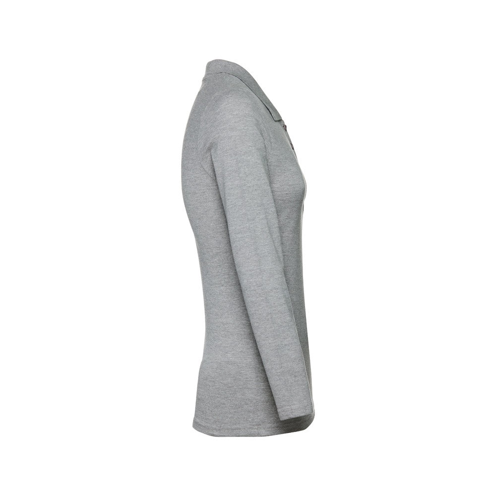 THC BERN WOMEN II promotional polo shirt in heather light grey (detail view) with custom logo branding