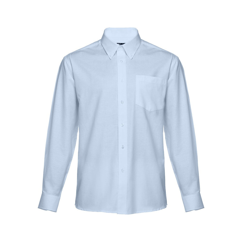 THC TOKYO II promotional corporate shirt in light blue (detail view) with custom logo branding