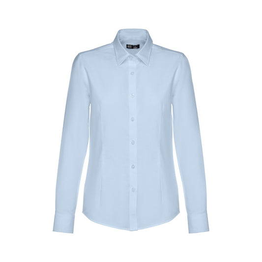 THC TOKYO WOMEN II promotional corporate shirt in light blue (detail view) with custom logo branding