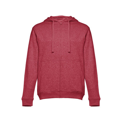 THC AMSTERDAM II promotional hoodie in heather red (detail view) with custom logo branding