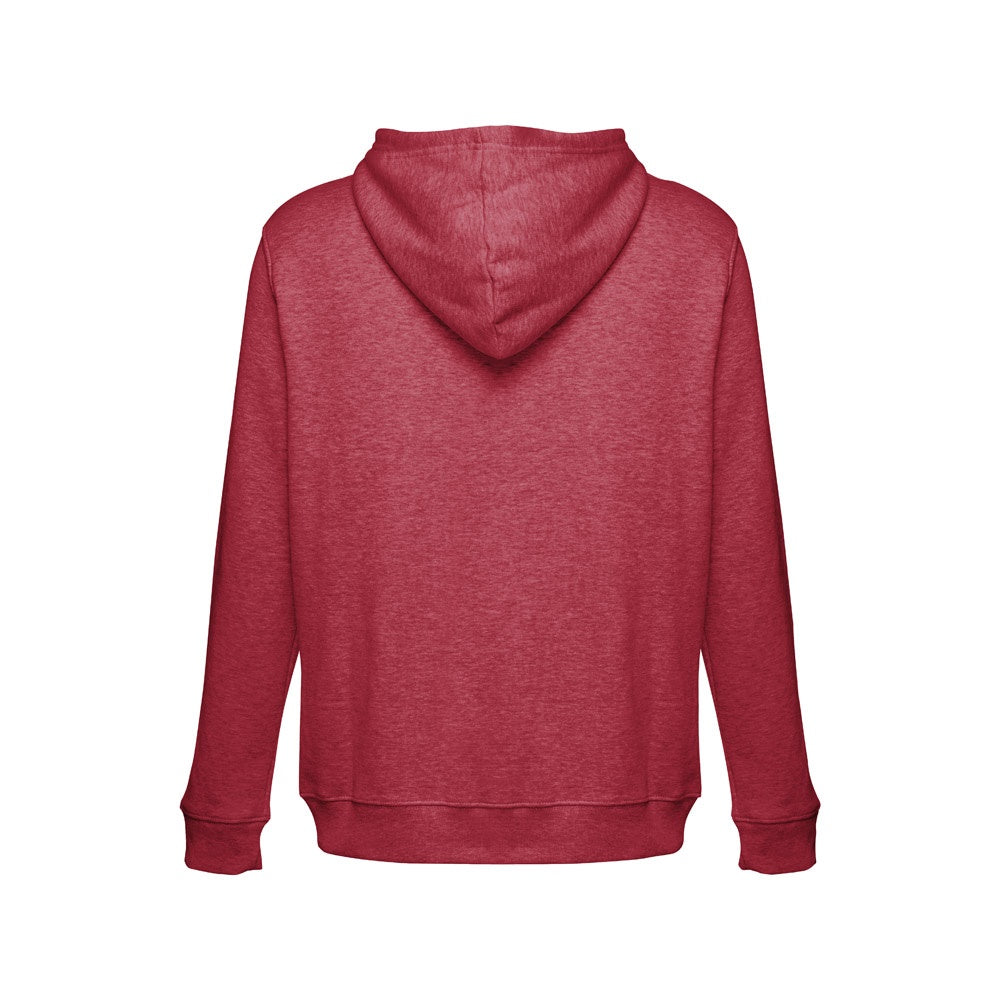 THC AMSTERDAM II promotional hoodie in heather red (detail view) with custom logo branding