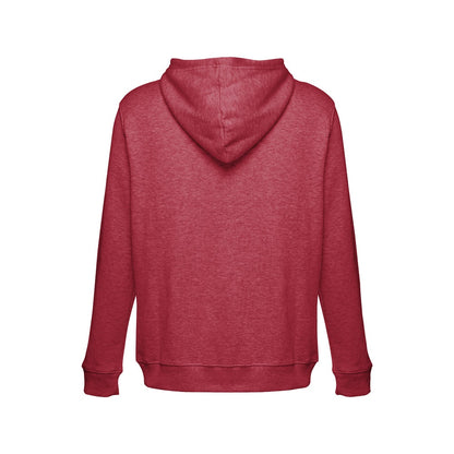 THC AMSTERDAM II promotional hoodie in heather red (detail view) with custom logo branding