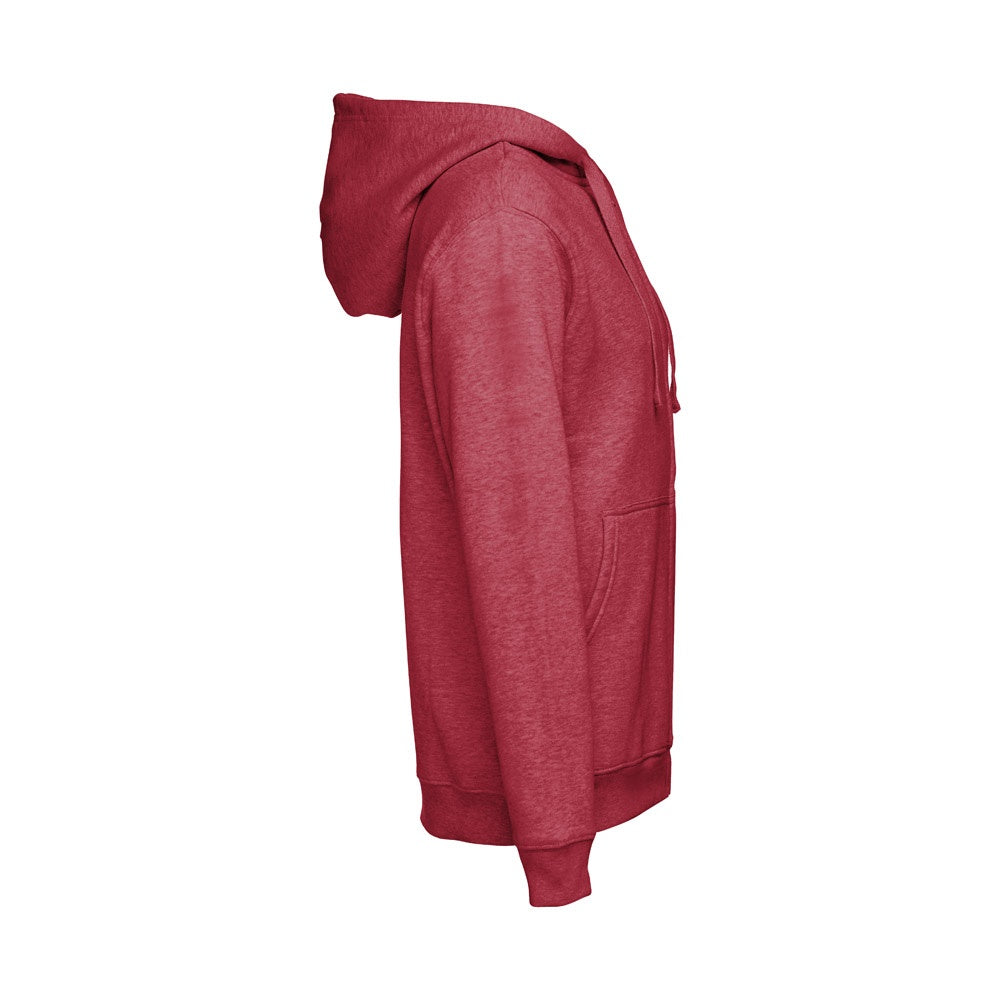 THC AMSTERDAM II promotional hoodie in heather red (detail view) with custom logo branding
