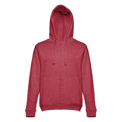 THC AMSTERDAM II promotional hoodie in heather red (detail view) with custom logo branding