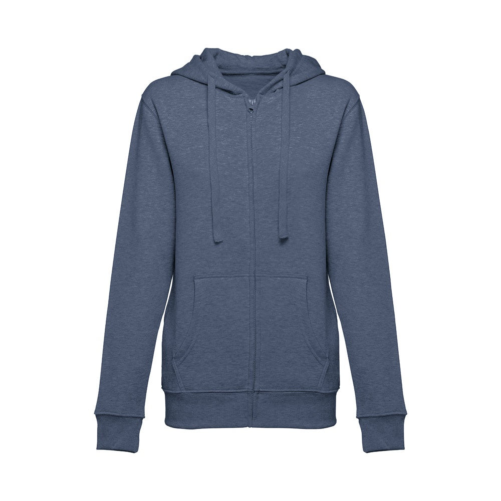 THC AMSTERDAM WOMEN II promotional hoodie in heather blue (detail view) with custom logo branding