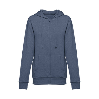 THC AMSTERDAM WOMEN II promotional hoodie in heather blue (detail view) with custom logo branding