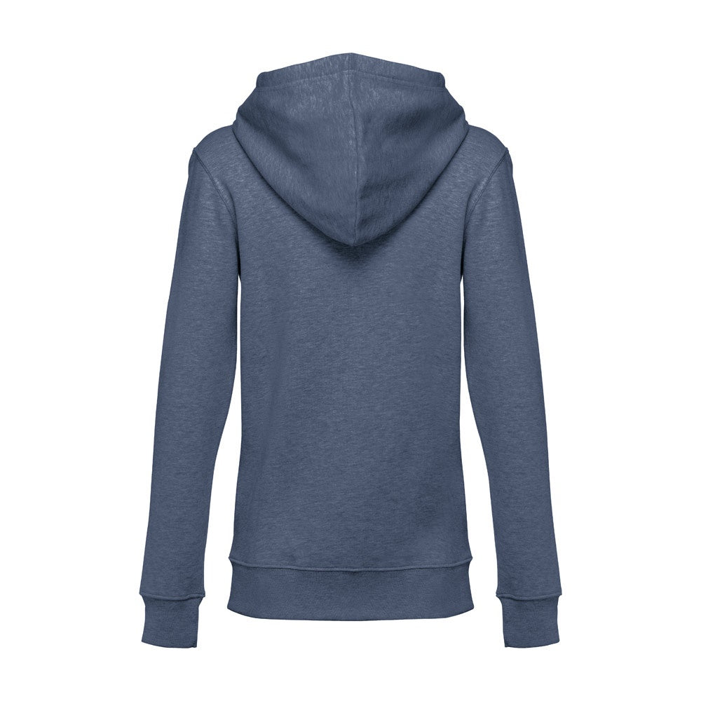 THC AMSTERDAM WOMEN II promotional hoodie in heather blue (detail view) with custom logo branding