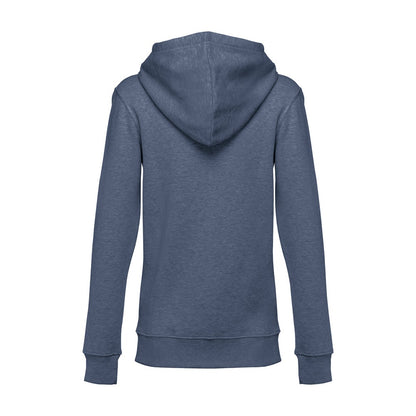 THC AMSTERDAM WOMEN II promotional hoodie in heather blue (detail view) with custom logo branding