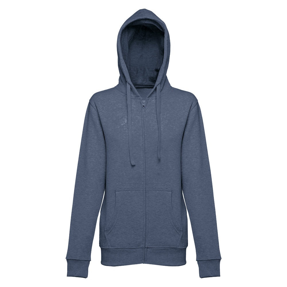 THC AMSTERDAM WOMEN II promotional hoodie in heather blue (detail view) with custom logo branding