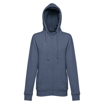 THC AMSTERDAM WOMEN II promotional hoodie in heather blue (detail view) with custom logo branding