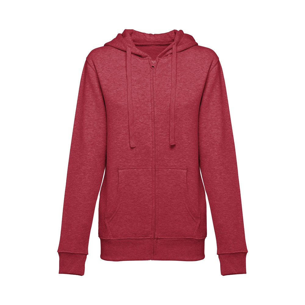 THC AMSTERDAM WOMEN II promotional hoodie in heather red (detail view) with custom logo branding