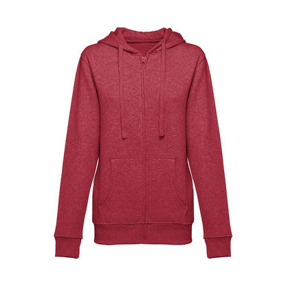 THC AMSTERDAM WOMEN II promotional hoodie in heather red (detail view) with custom logo branding
