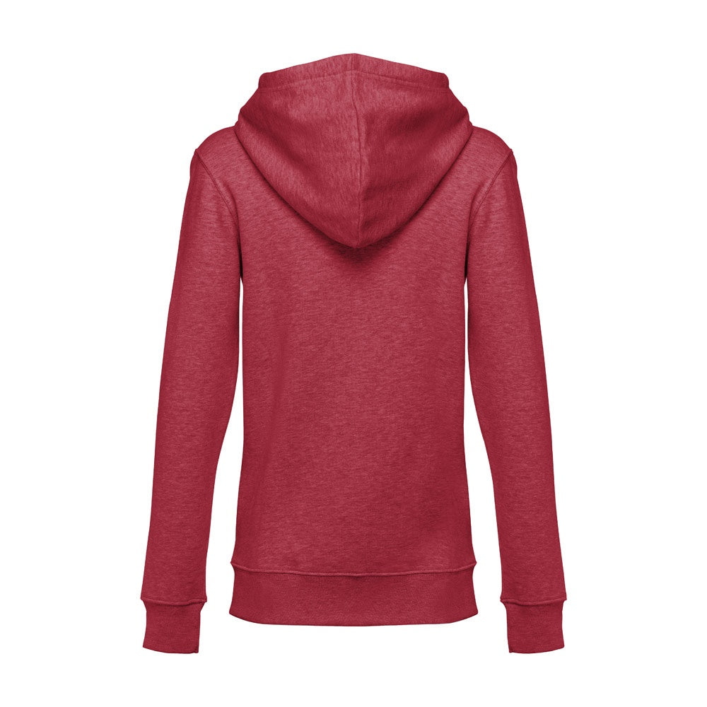 THC AMSTERDAM WOMEN II promotional hoodie in heather red (detail view) with custom logo branding