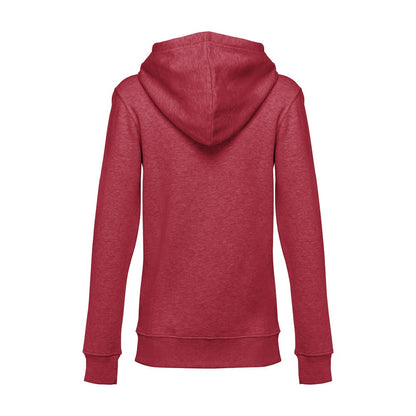THC AMSTERDAM WOMEN II promotional hoodie in heather red (detail view) with custom logo branding