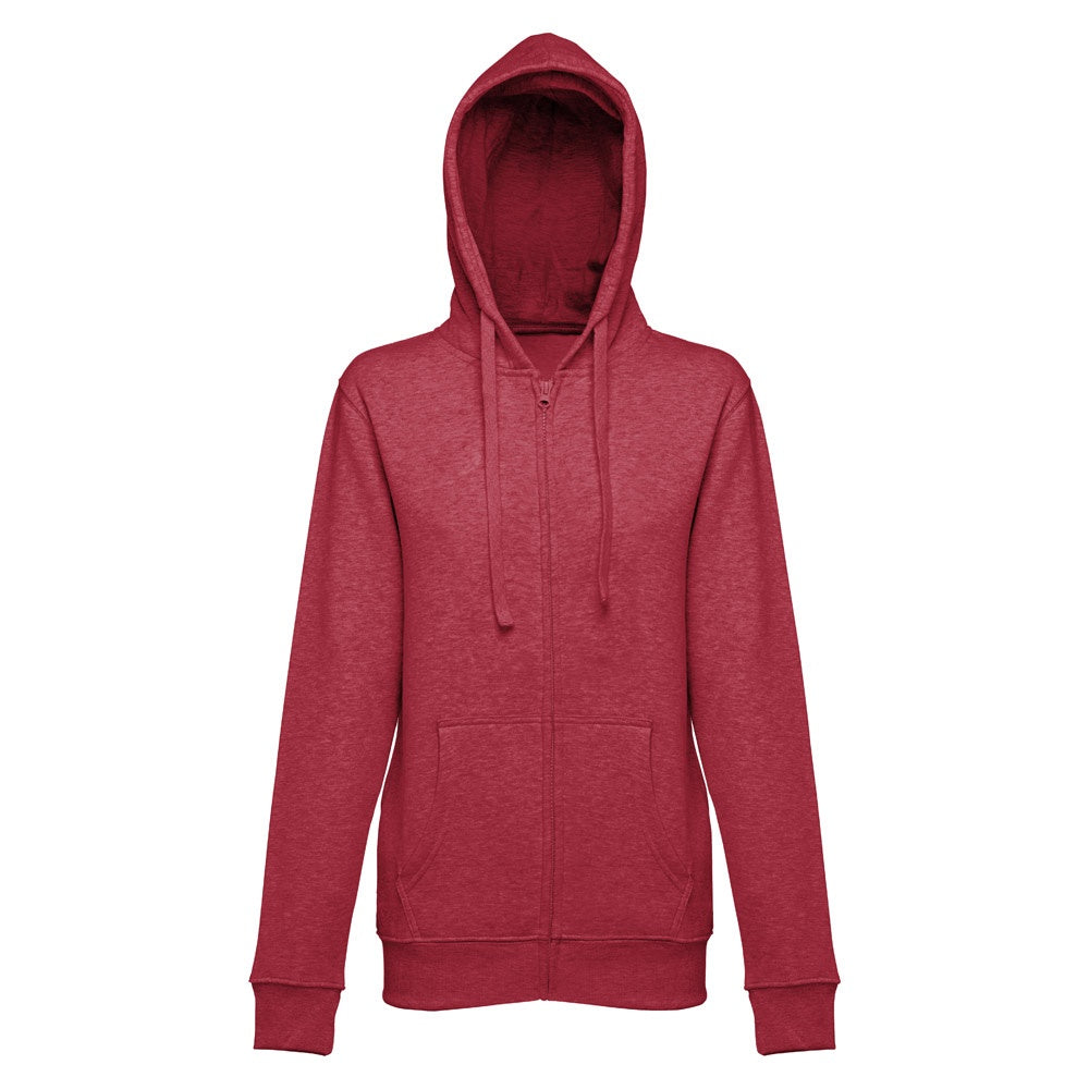 THC AMSTERDAM WOMEN II promotional hoodie in heather red (detail view) with custom logo branding