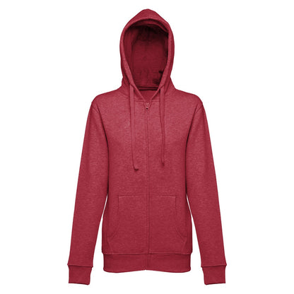 THC AMSTERDAM WOMEN II promotional hoodie in heather red (detail view) with custom logo branding