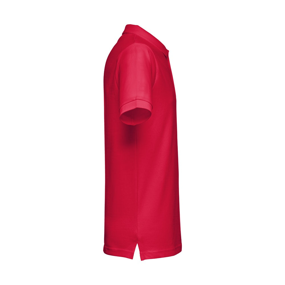 THC MONACO II promotional polo shirt in red (detail view) with custom logo branding