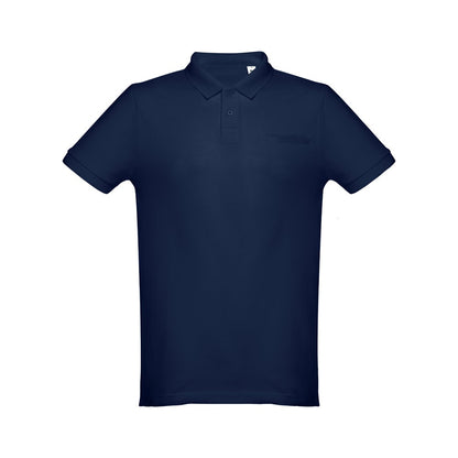 THC DHAKA II promotional polo shirt in blue (detail view) with custom logo branding
