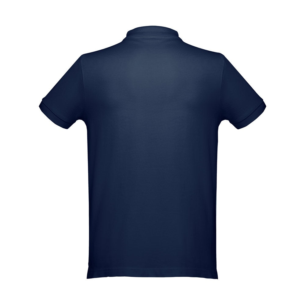 THC DHAKA II promotional polo shirt in blue (detail view) with custom logo branding