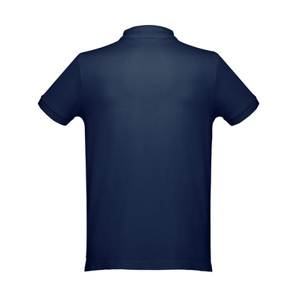 THC DHAKA II promotional polo shirt in blue (detail view) with custom logo branding
