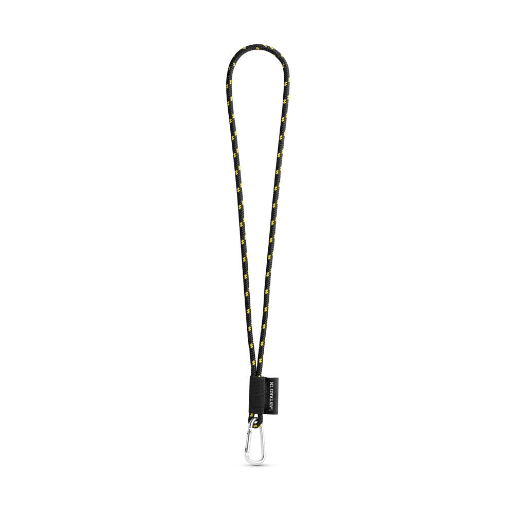 SET Lanyard NAUTIC Long (Ø 5 mm) with D-shape Carabiner 55 mm promotional lanyard in black/yellow with custom logo branding