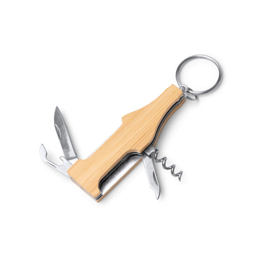 Stamina COSCO Multi-tool steel and bamboo keyring in beige - promotional merchandise printed with your company logo