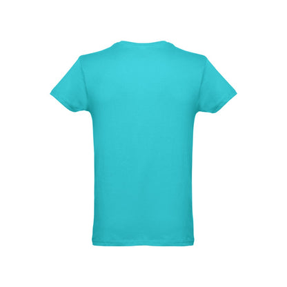 THC LUANDA promotional t-shirt in turquoise blue (detail view) with custom logo branding