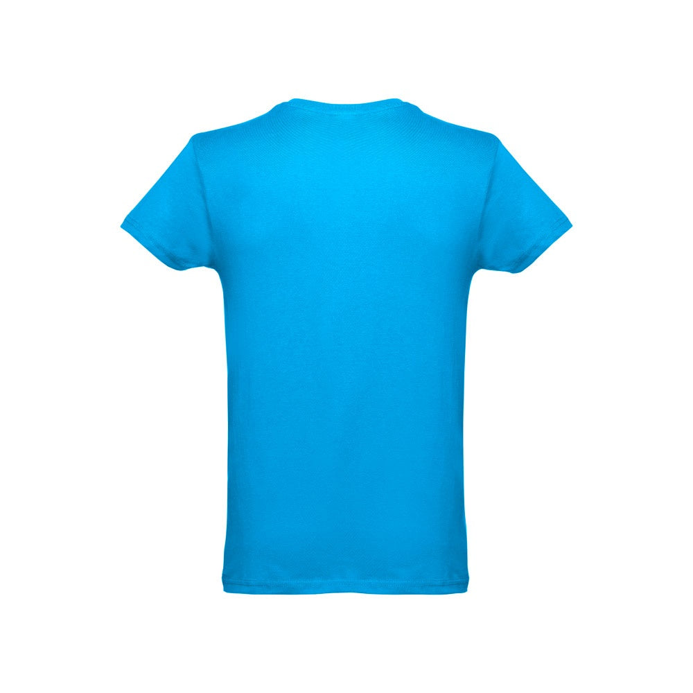 THC LUANDA promotional t-shirt in acqua blue (detail view) with custom logo branding