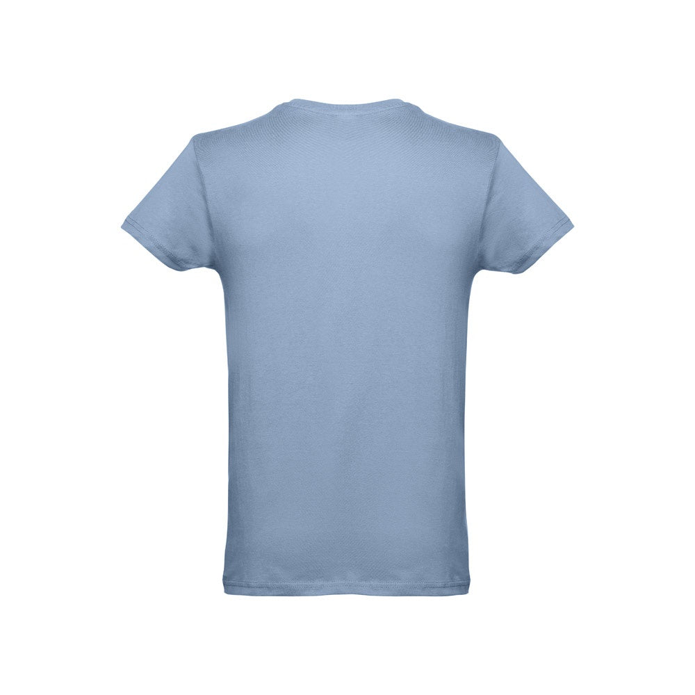 THC LUANDA promotional t-shirt in pastel blue (detail view) with custom logo branding