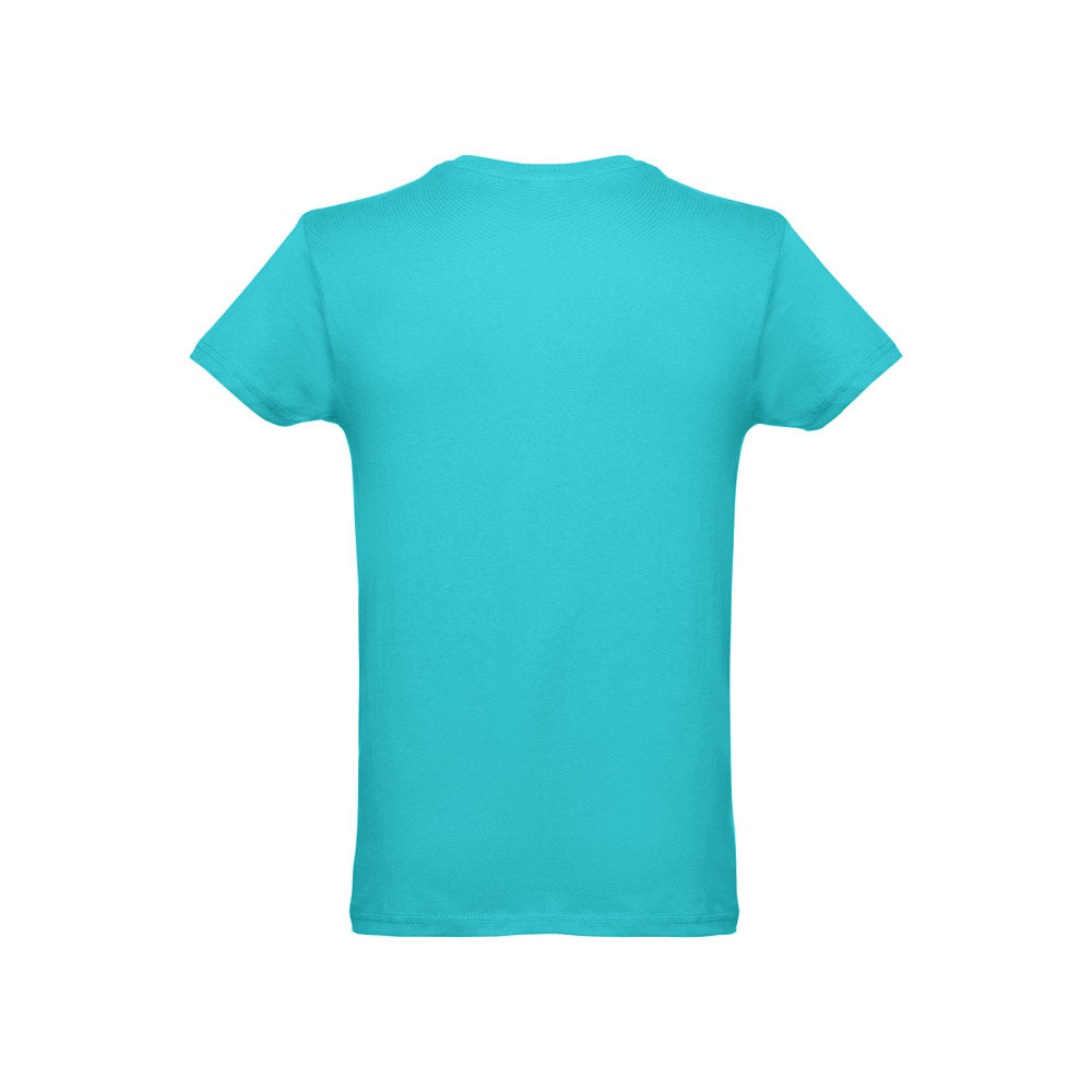 THC LUANDA 3XL promotional t-shirt in turquoise blue (detail view) with custom logo branding