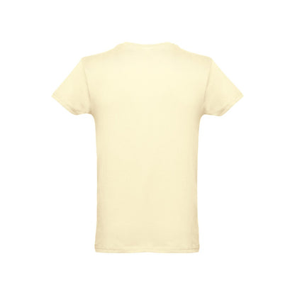 THC LUANDA 3XL promotional t-shirt in pastel yellow (detail view) with custom logo branding