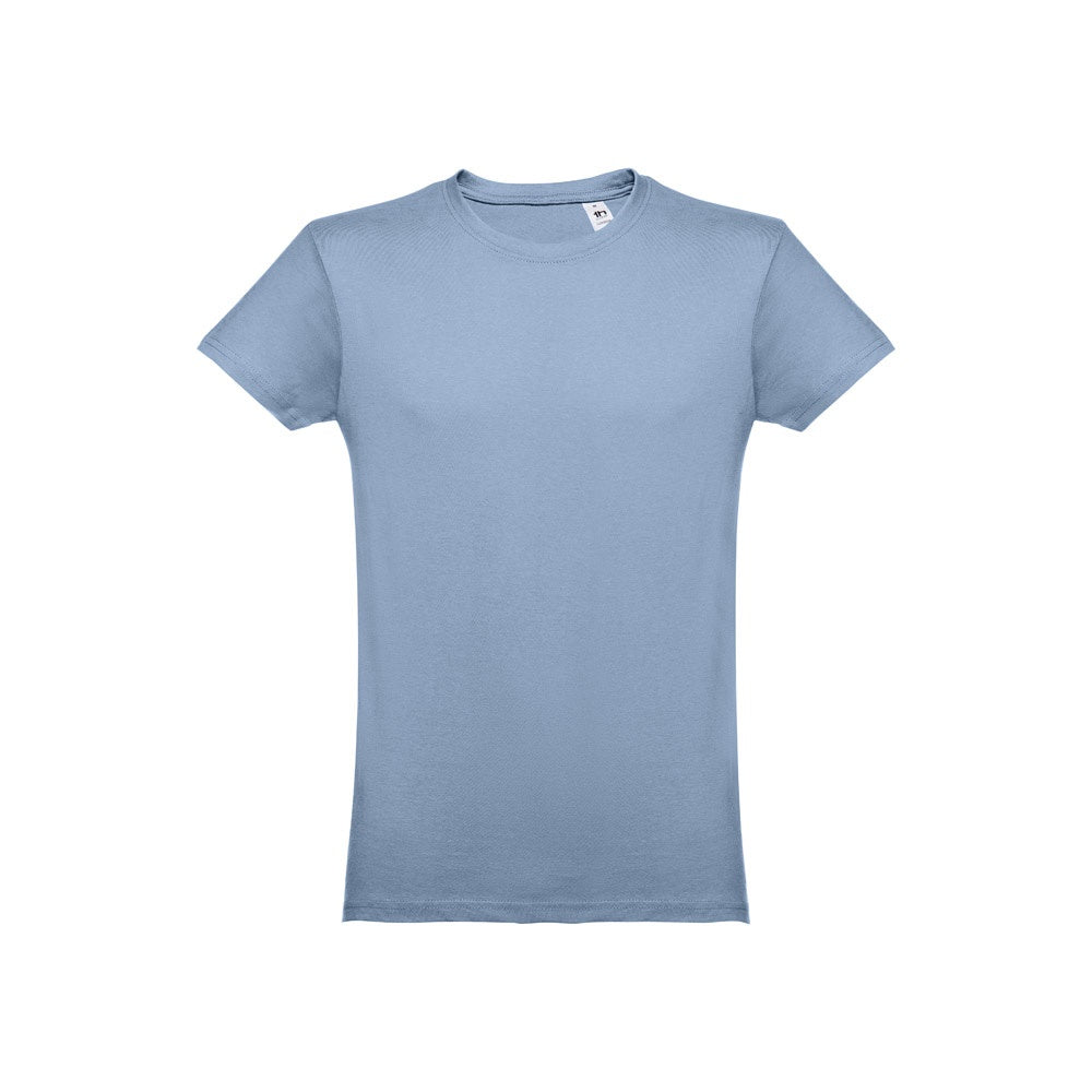 THC LUANDA 3XL promotional t-shirt in pastel blue (detail view) with custom logo branding