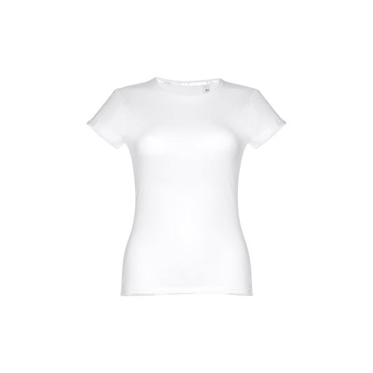 THC SOFIA WH promotional t-shirt in white (detail view) with custom logo branding