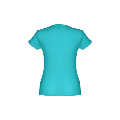 THC SOFIA promotional t-shirt in turquoise blue (detail view) with custom logo branding
