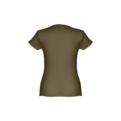THC SOFIA 3XL promotional t-shirt in army green (detail view) with custom logo branding