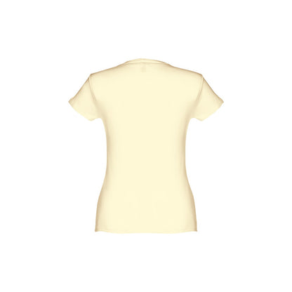 THC SOFIA 3XL promotional t-shirt in pastel yellow (detail view) with custom logo branding