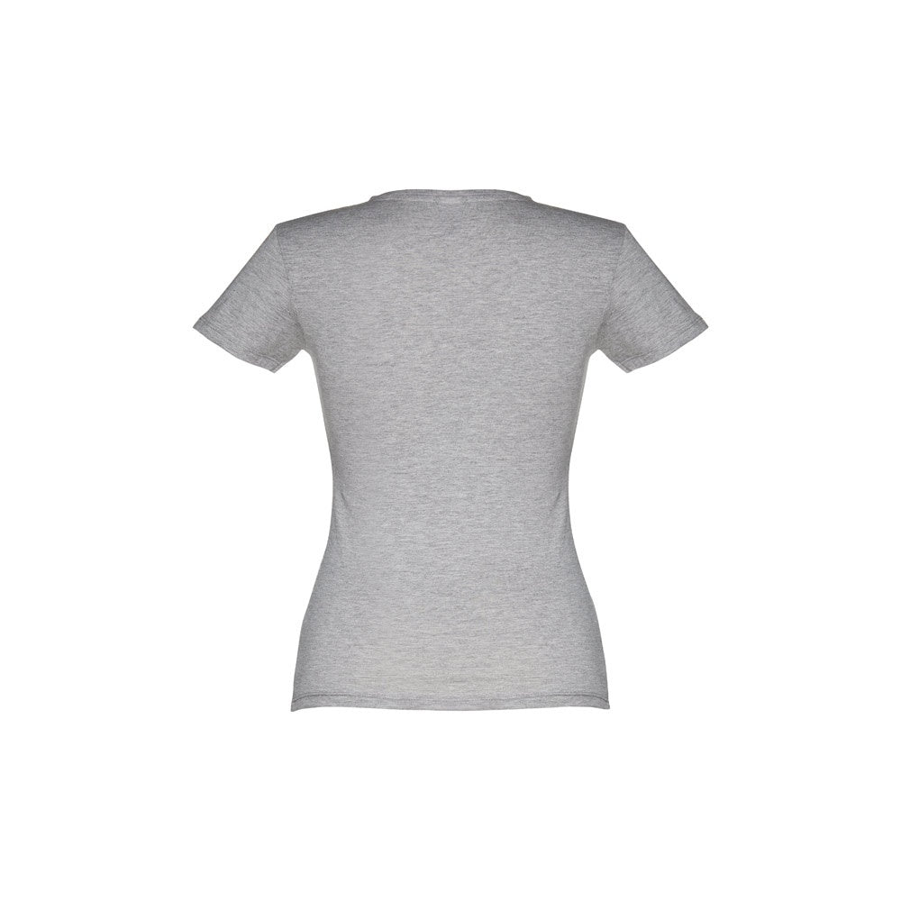 THC SOFIA 3XL promotional t-shirt in heather light grey (detail view) with custom logo branding