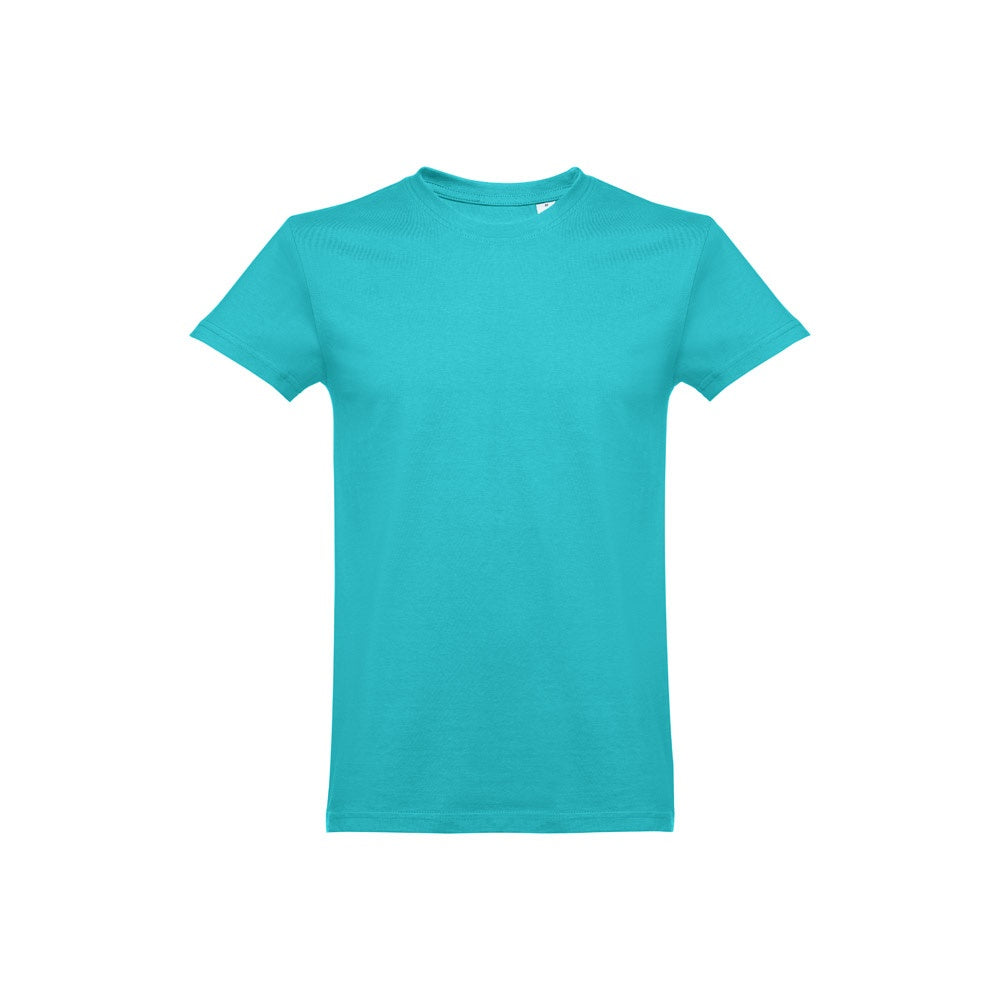 THC ANKARA 3XL promotional t-shirt in turquoise blue (detail view) with custom logo branding