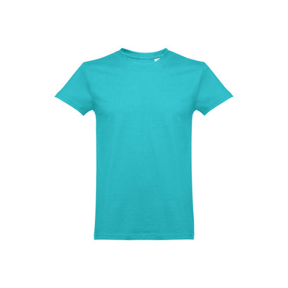 THC ANKARA 3XL promotional t-shirt in turquoise blue (detail view) with custom logo branding