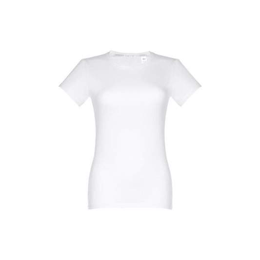 THC ANKARA WOMEN WH promotional t-shirt in white (detail view) with custom logo branding