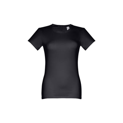 THC ANKARA WOMEN promotional t-shirt in black (detail view) with custom logo branding