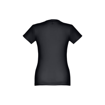 THC ANKARA WOMEN promotional t-shirt in black (detail view) with custom logo branding